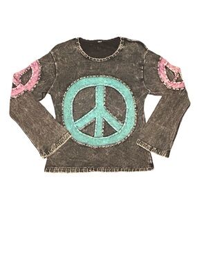 Agan Traders charcoal gray teal peace sign top with bell sleeves hippie boho S